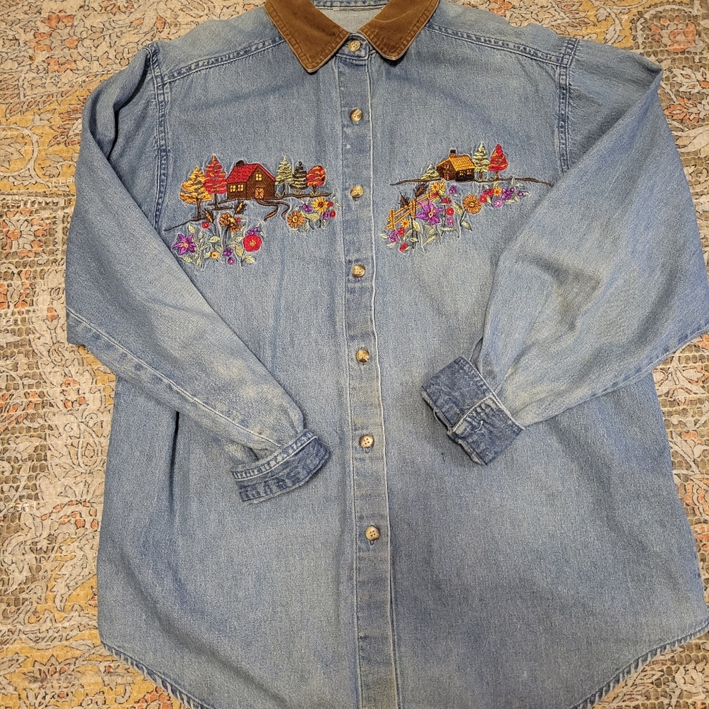 fall theme embroidered denim shirt